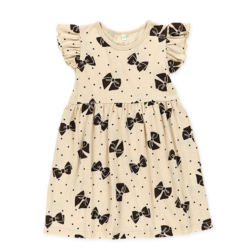 滿版印花可愛荷葉短袖洋裝-蝴蝶結-淺杏