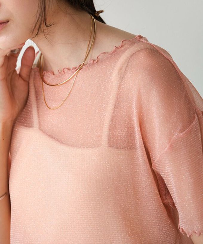 日本 Bab - 華麗微亮透明木耳短袖上衣-(無內裡)-粉紅