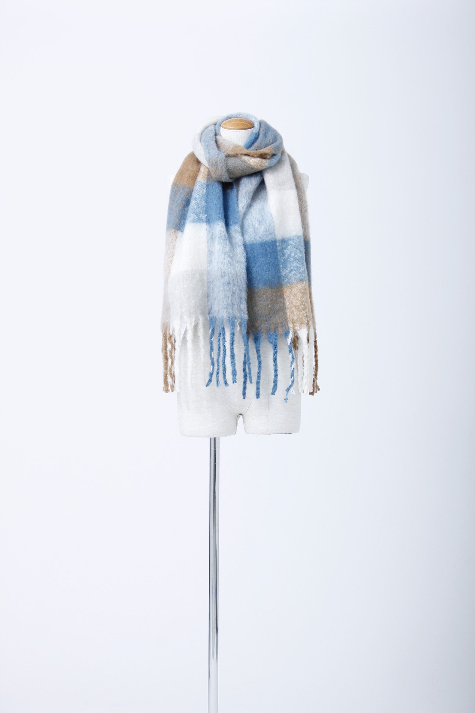 日本 AUBE - 柔軟文藝感格紋流蘇圍巾-摩卡棕