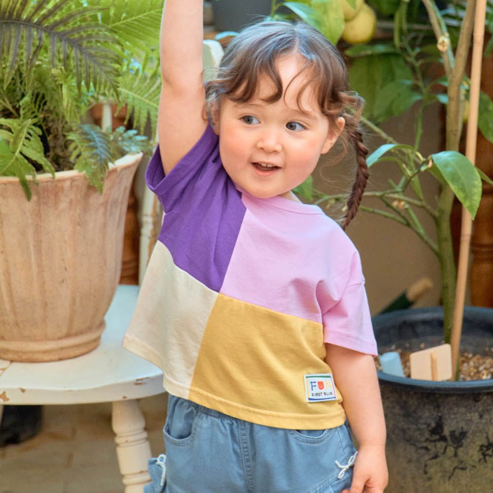 四格拼色短袖上衣-紫X粉X奶白X芥黃