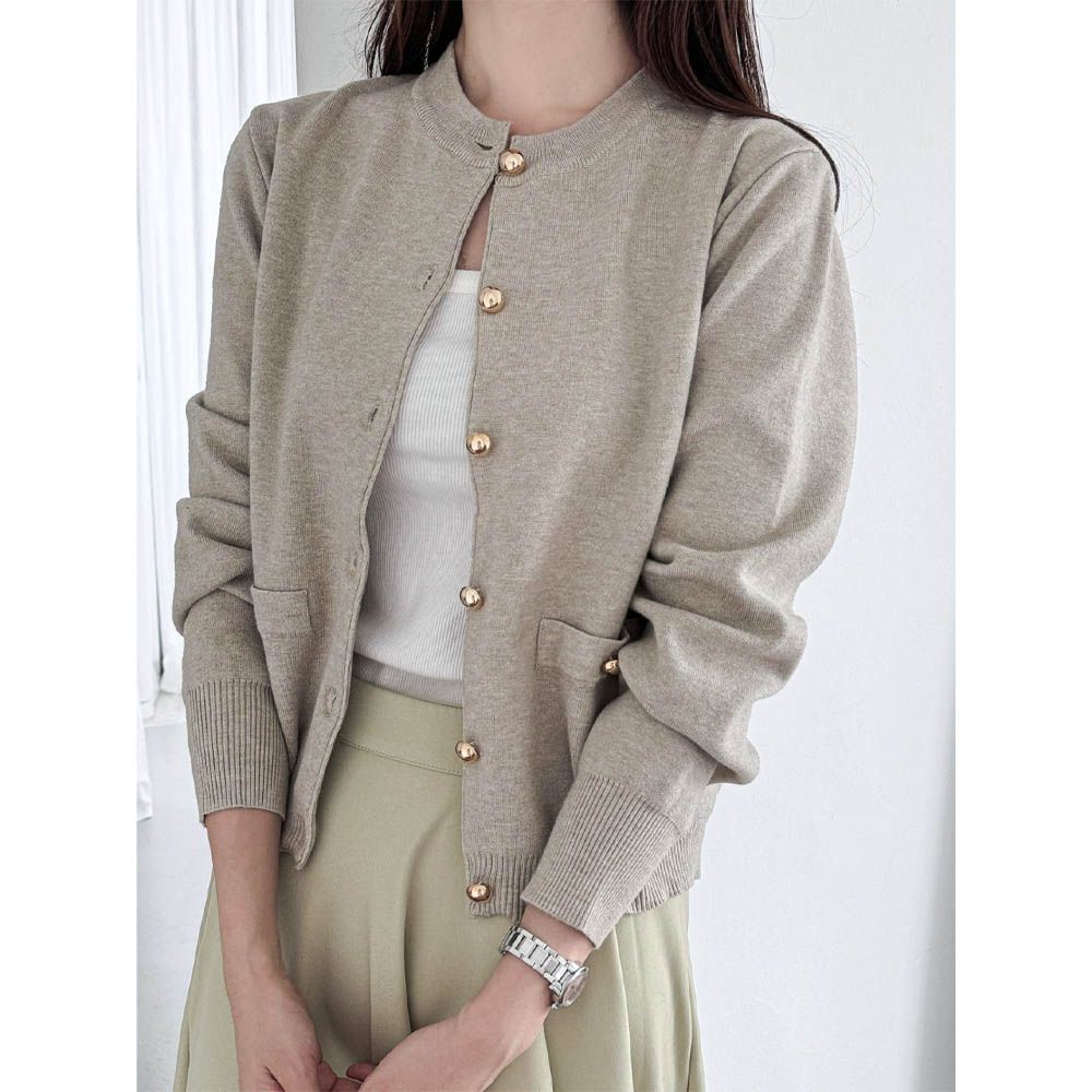 氣質金屬釦無領針織外套-燕麥 (FREE)