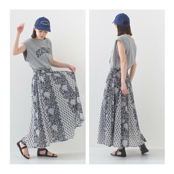 日本 OMNES - 100%印度棉 奢華印花飄逸感長裙-深藍