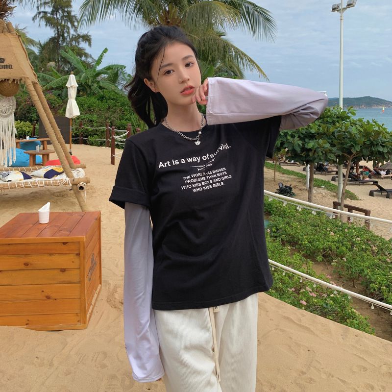 寬鬆成人冰絲防曬袖套-漸層款-粉+藍 (F(約48x12cm))