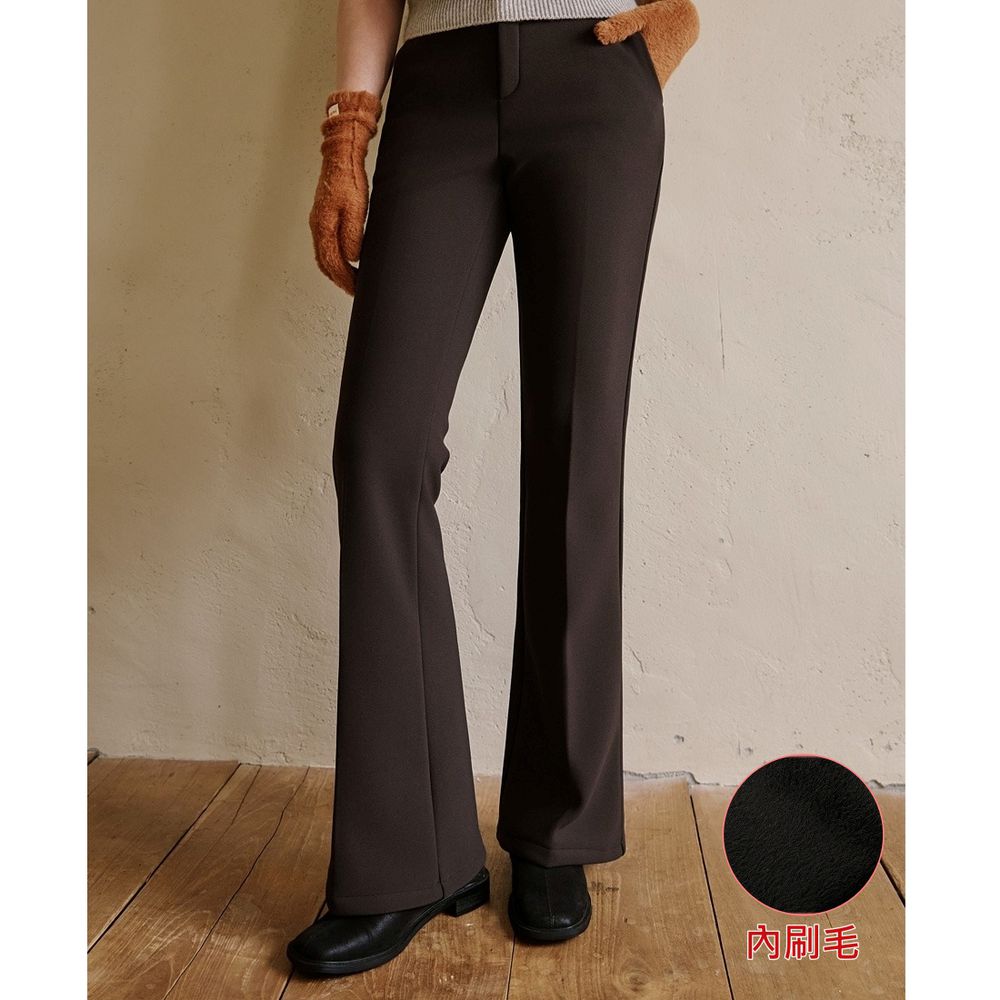 Domingoblue 後鬆緊腰保暖內刷毛美腿喇叭褲-深咖啡