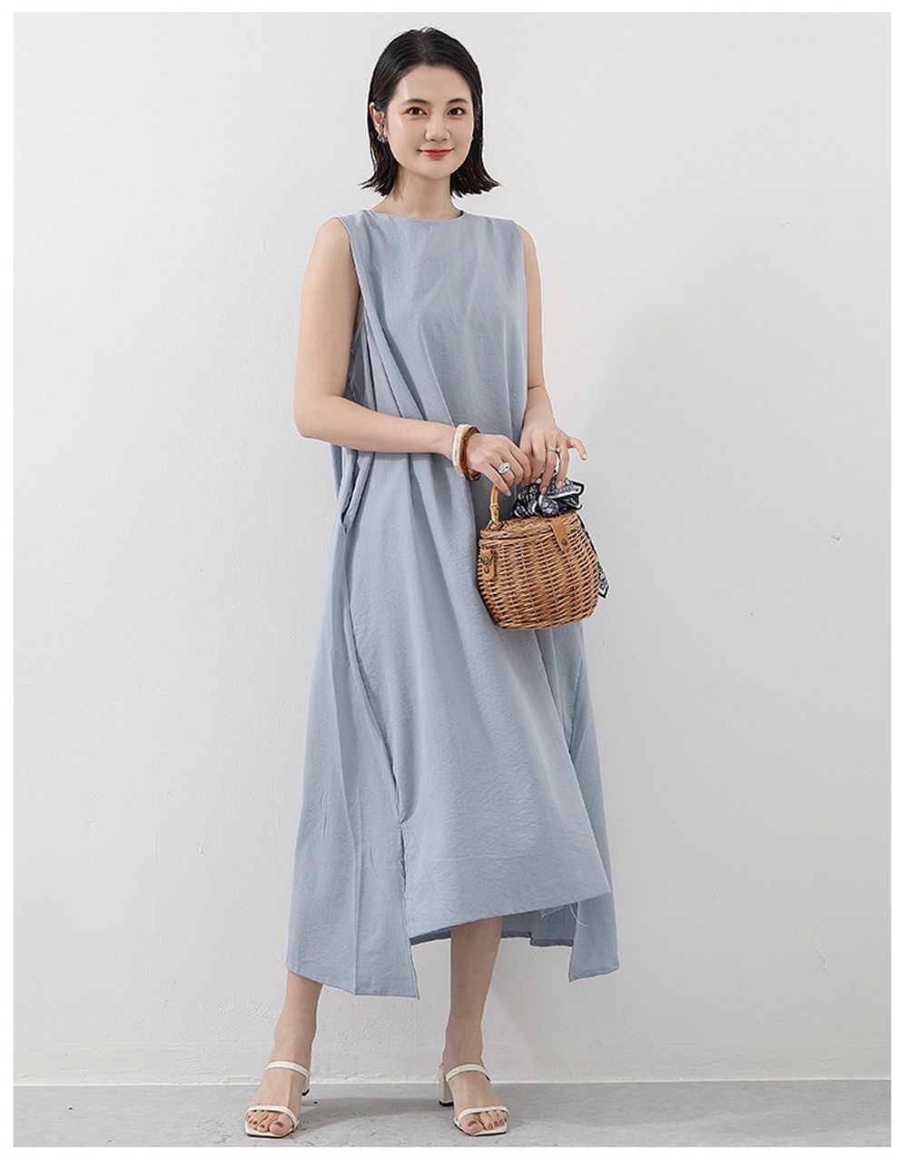 日系極簡風圓領百搭長洋裝-灰色 (F)