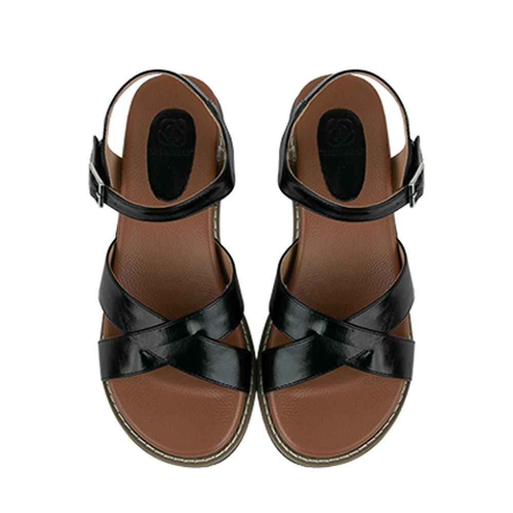 韓國 PINKELEPHANT - 光澤皮革交叉帶厚底涼鞋(4.5cm)-黑