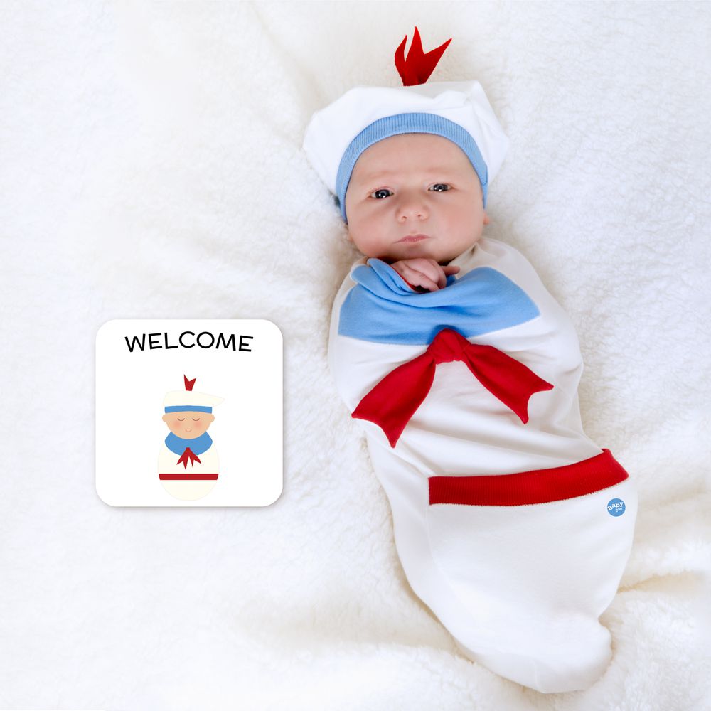 BABYjoe - 美國製純棉手工新生彌月包巾套組-壯壯大力小水手-白色 (適合0-4個月或7公斤以下新生寶寶)-150g