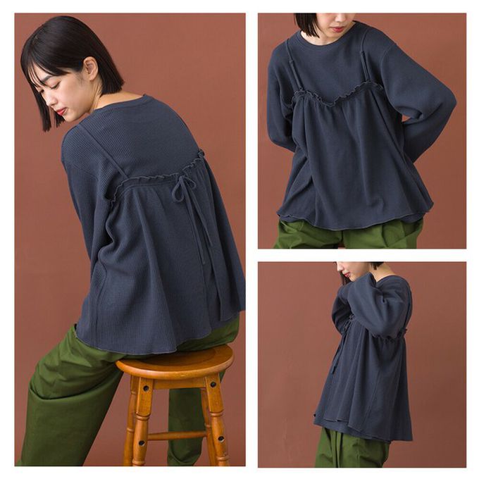 日本 OMNES - 定番華夫格荷葉細肩帶上衣(同色2件組)-象牙