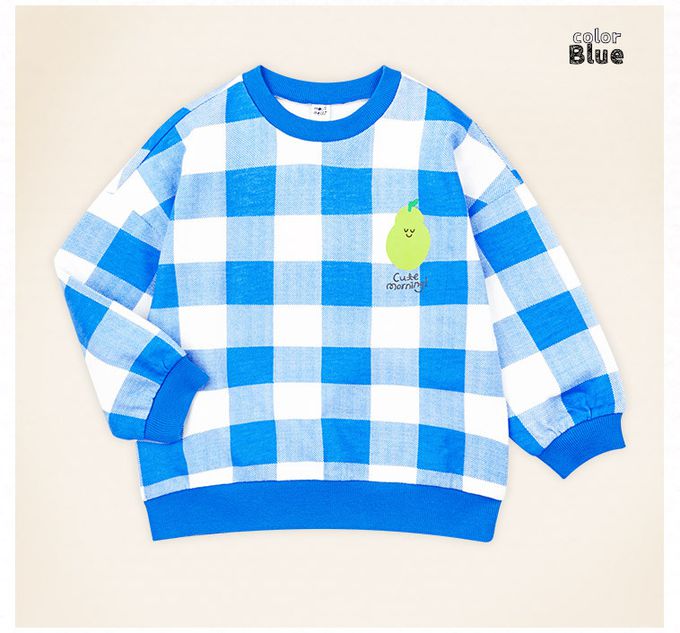 韓國 mollimelli - 水果印花大格紋長袖套裝-藍