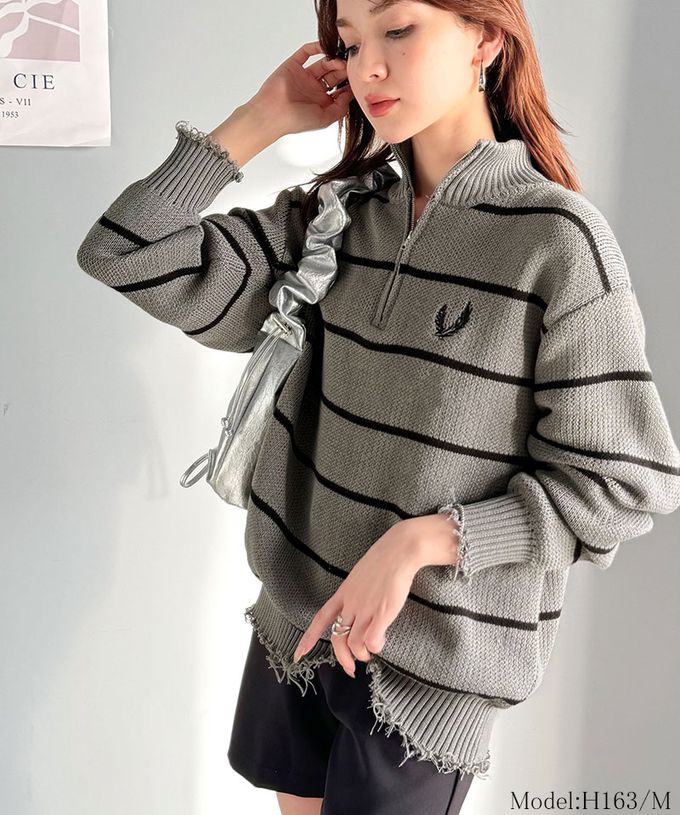 日本 Classical Elf - 半拉鍊寬版不修邊條紋針織上衣-灰