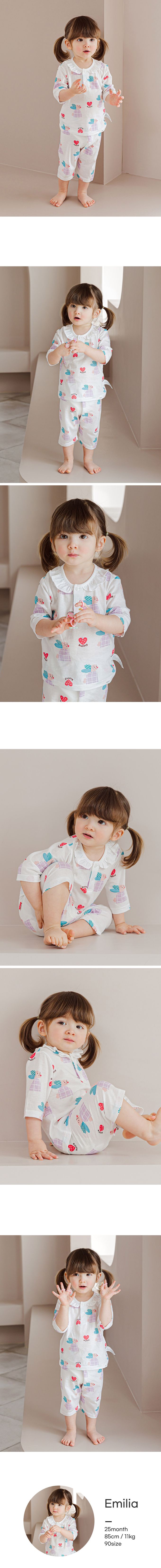 韓國 Cordi-i - 無螢光棉透氣緹花七分袖家居服-草莓粉兔-白