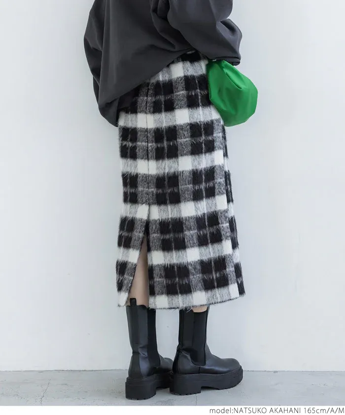 日本 COCA - 慵懶毛呢格紋鬆緊長裙-綠米