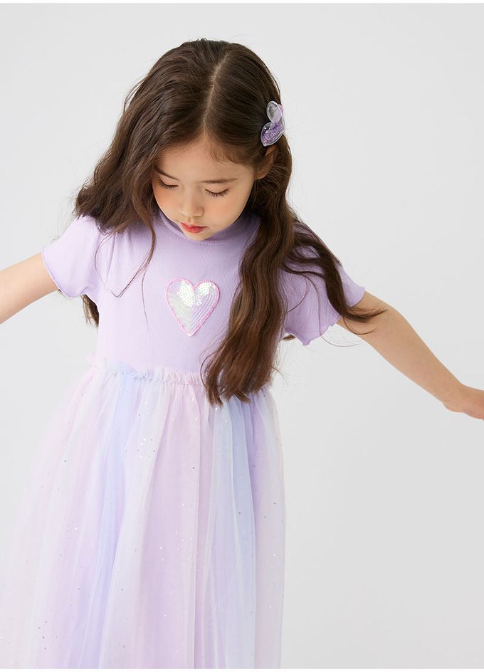 韓國 OZKIZ - 心型亮片夢幻網紗拼接洋裝-薰衣草紫