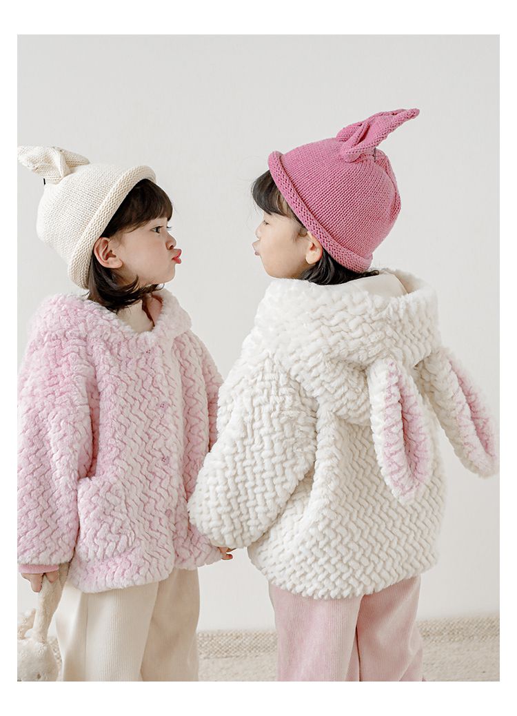 TONGMO - 立體造型毛絨保暖連帽外套-兔耳朵-粉色