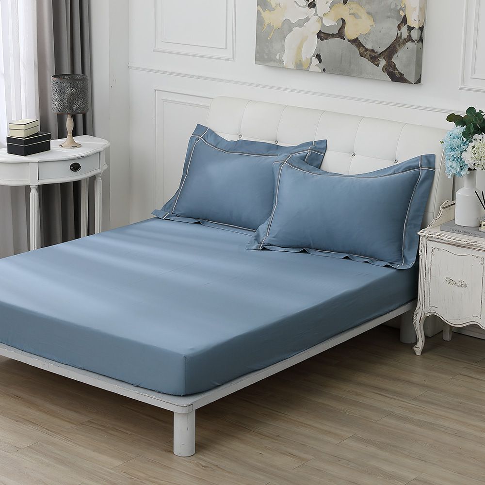 鴻宇 HongYew - 雙人床包枕套組 300織美國棉 純色刺繡-迷霧藍