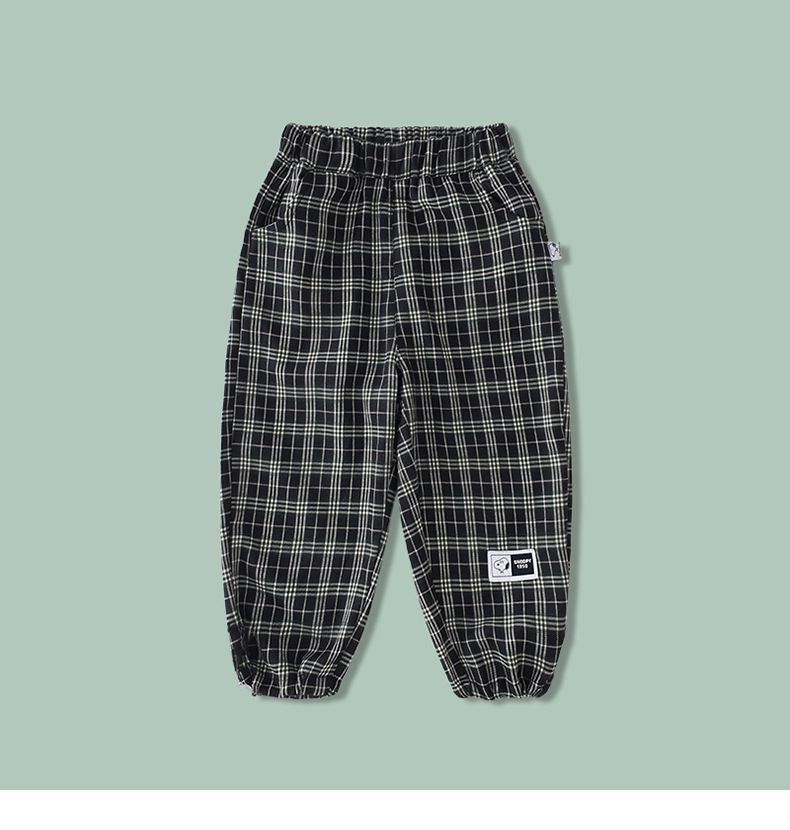 卡通人物史努比腰鬆緊休閒寬褲-格紋款-黑色