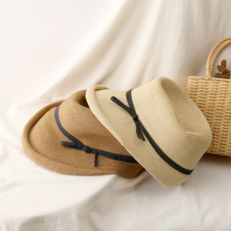 復古百搭可折疊遮陽草帽-繫帶蝴蝶結-灰色 (57cm)