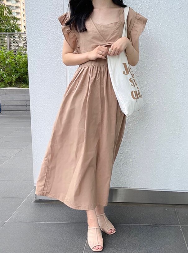 日本 GRL - 文藝感荷葉袖綁帶兩件式洋裝-深看咭 (F)