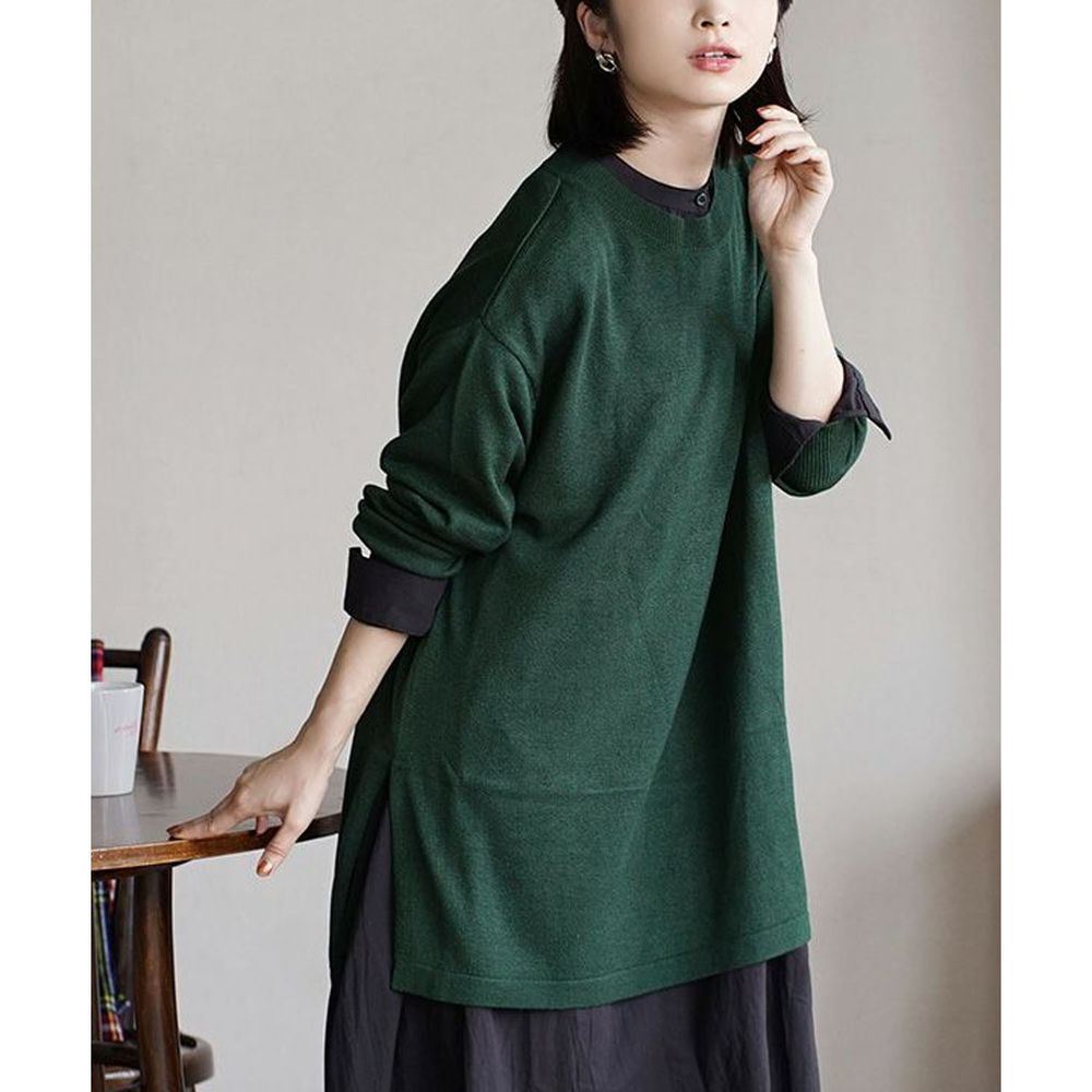日本 zootie - Heatful發熱系 寬鬆長版薄針織上衣-深綠