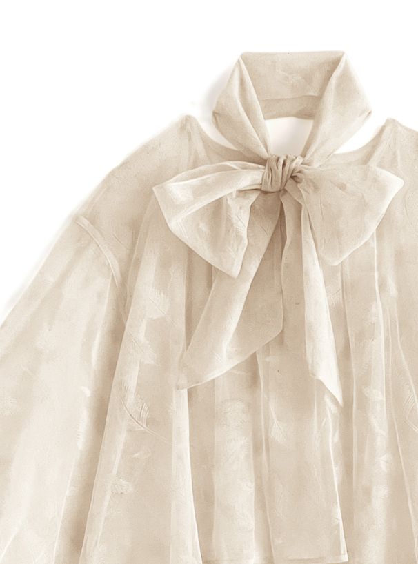 日本 GRL - 葉子紋溫柔蝴蝶結泡泡袖上衣-米杏 (F)