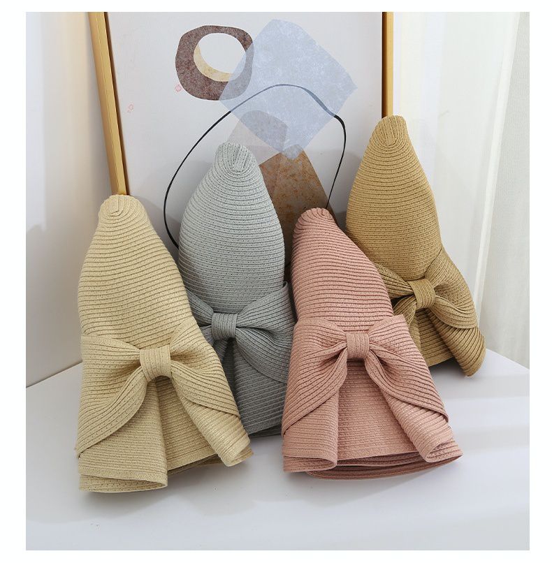 可折疊大帽沿防曬草帽-後開衩蝴蝶結-鐵灰色 (56-58cm)