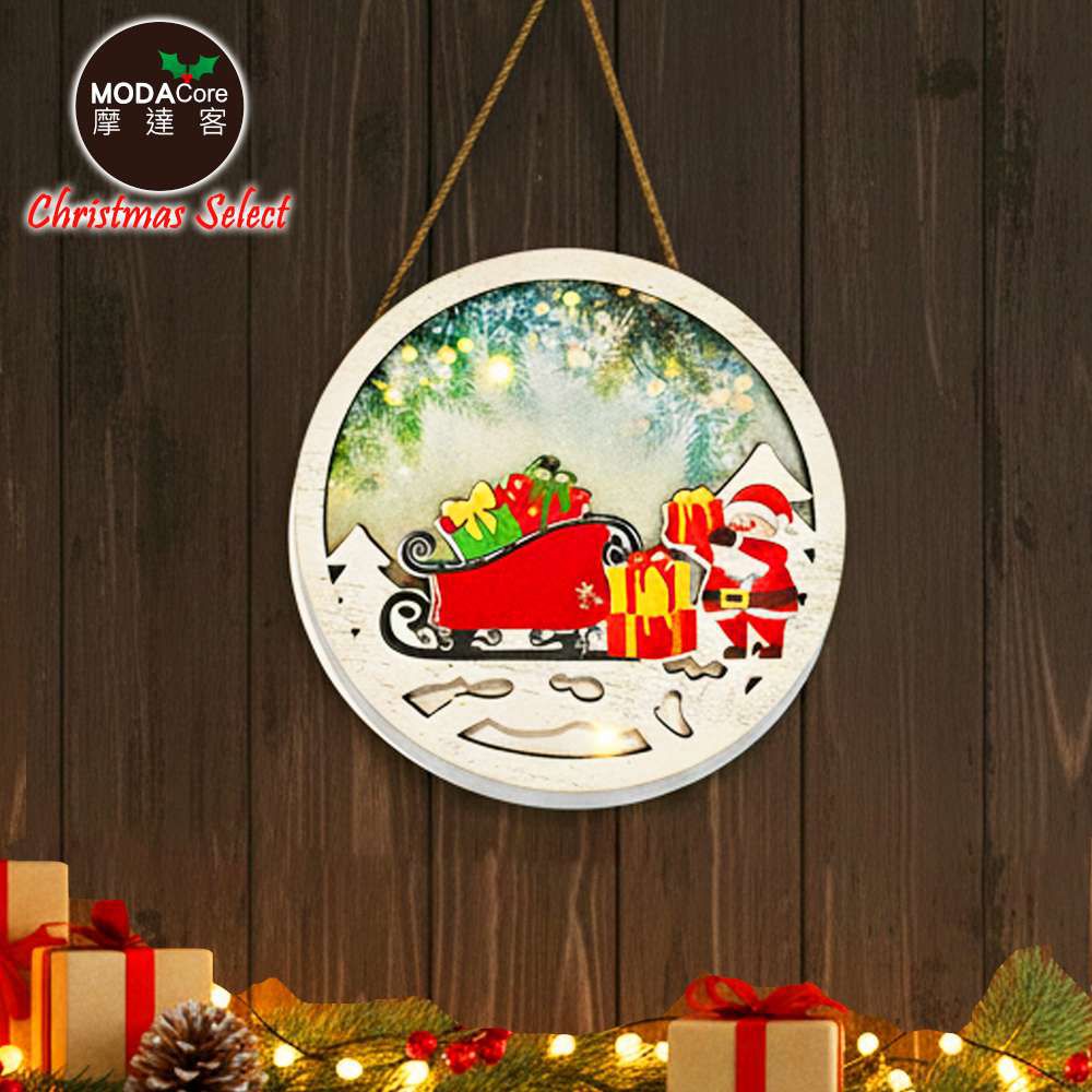 圓形木質聖誕老公公拉雪橇彩繪造型吊飾-含燈暖白光-交換禮物耶誕派對佈置