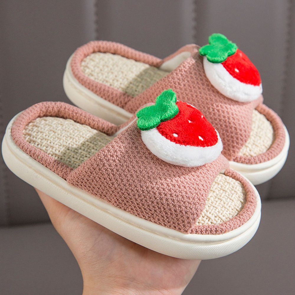 兒童款亞麻室內拖鞋-立體水果-粉色