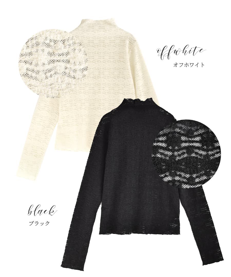 日本 zootie - 微透膚刺繡蕾絲高領內搭長袖上衣-黑