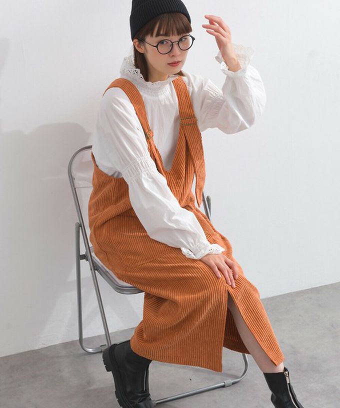 日本 Lupilien - 可愛厚實燈芯絨開叉吊帶裙-象牙