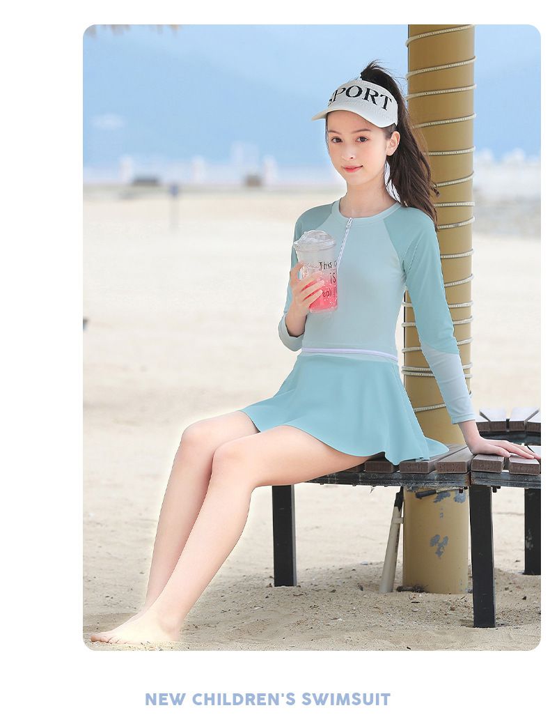 大童女孩運動風長袖連身裙泳衣-拼色款-藍色