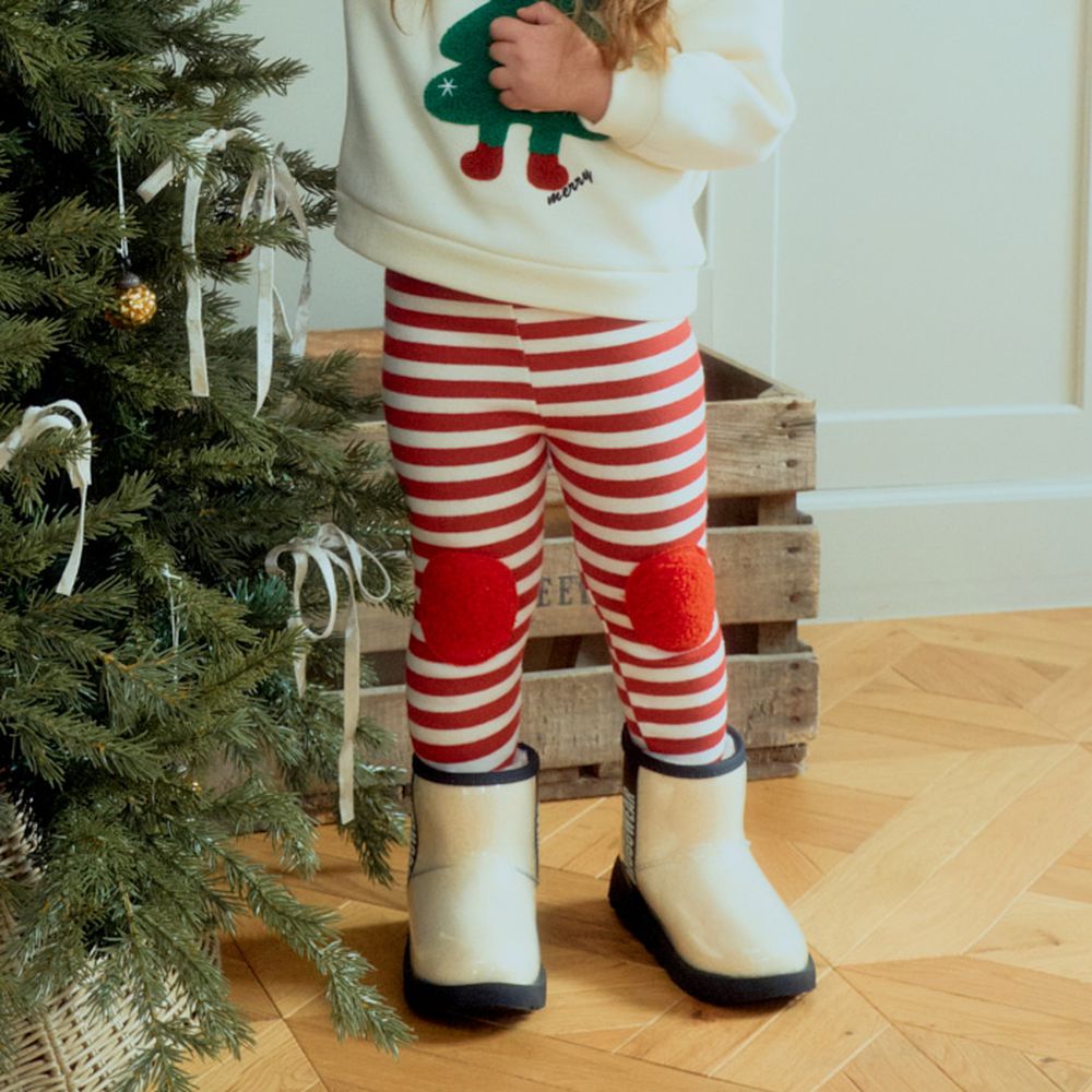 First Blue 鬆緊腰條紋彈力內搭褲-紅