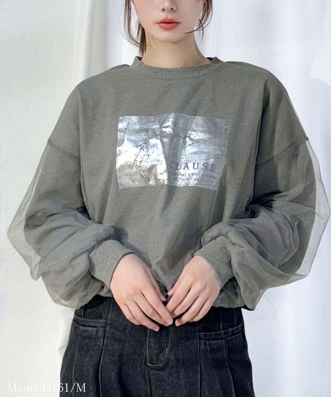 日本 Classical Elf - mily bilet 燙銀印花薄紗分層長袖上衣-時尚黑