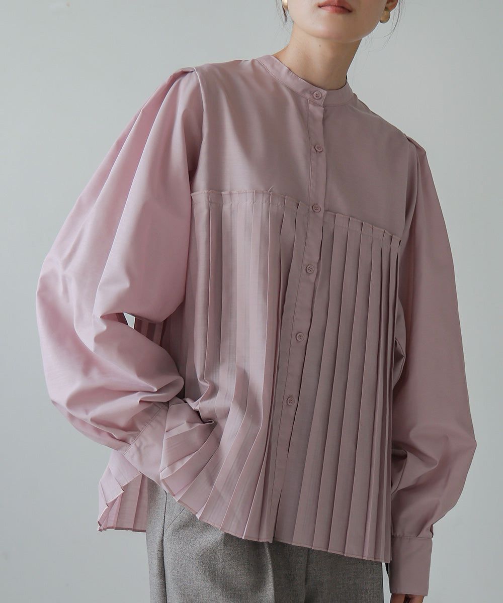 日本 Bab - 歐風百褶拼接泡泡袖襯衫-灰棕
