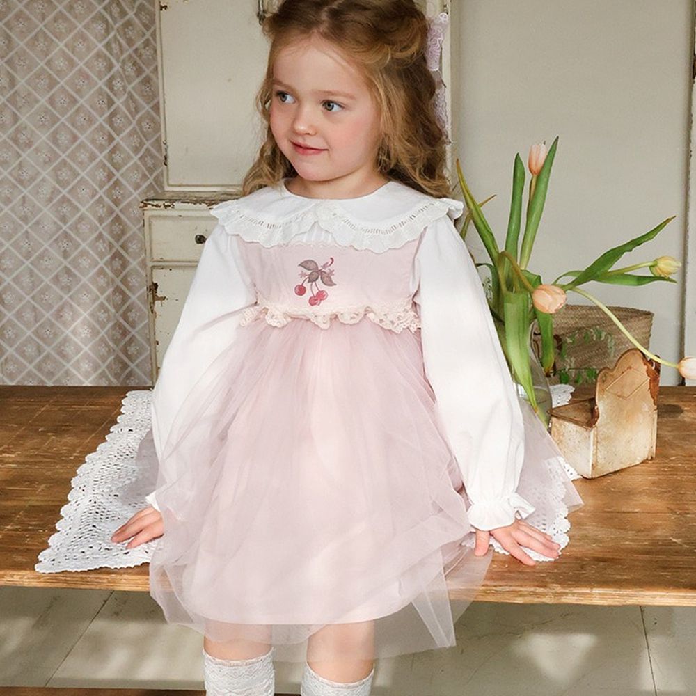 Puellaflo 櫻桃印花飄飄層次網紗背心洋裝-粉