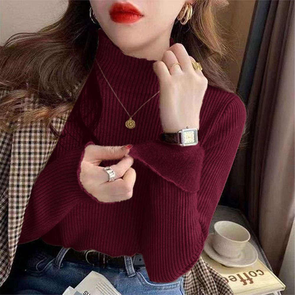 溫暖內毛絨百搭高領針織上衣-酒紅