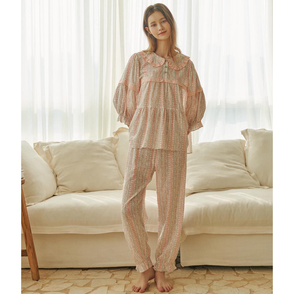 韓國 ULLALA - 變形蟲花卉紋睡衣套裝-米 (FREE)