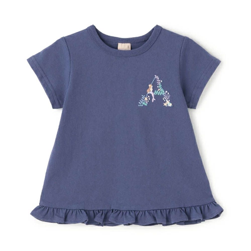 荷葉邊英文刺繡短袖上衣-A-藍