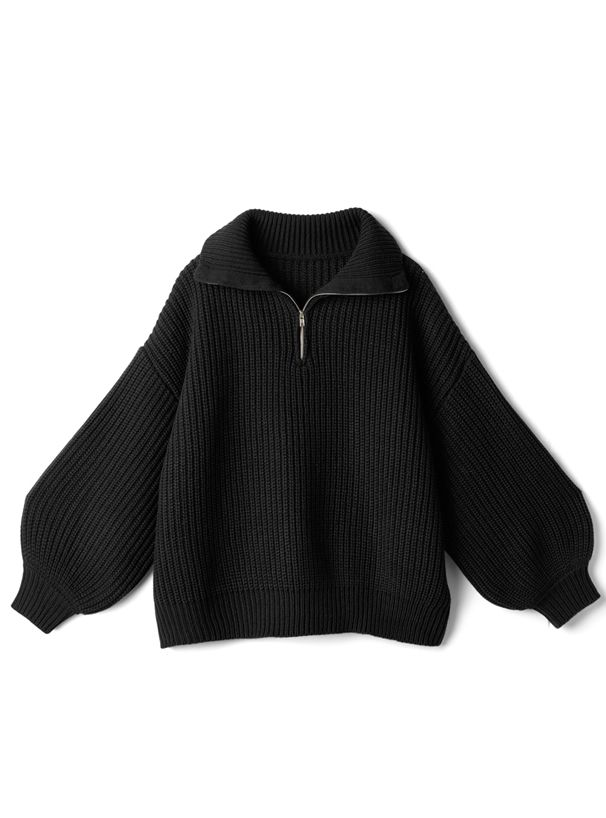 日本 GRL - 率性拉鍊領氣球袖針織上衣-深咖啡 (F)