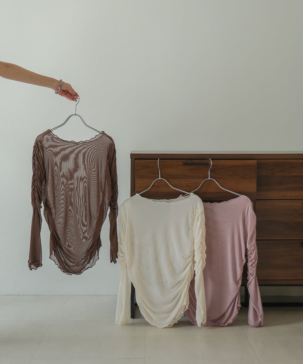 日本 Bab - 時尚透感抓皺長袖內搭/上衣-深可可