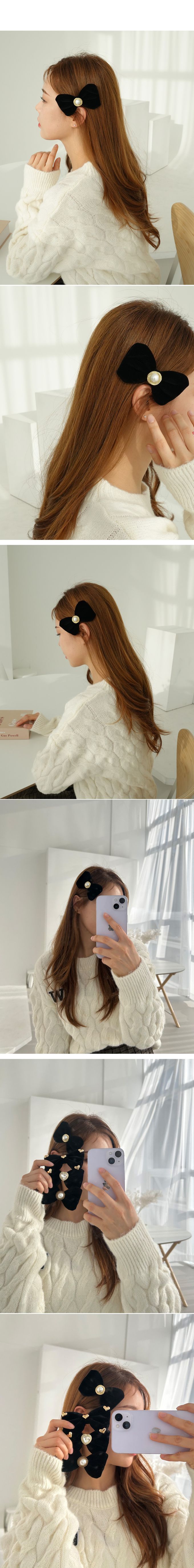 韓國 Soo&Soo - 天鵝絨蝶結裝飾髮夾-小愛心