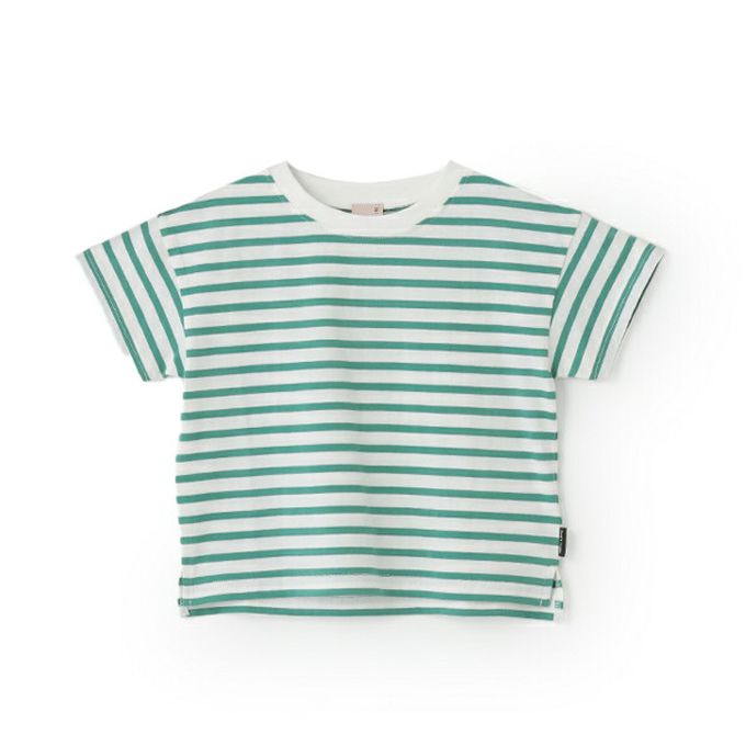 日本 petit main - [低價]接觸冷感 條紋短袖上衣-綠x白