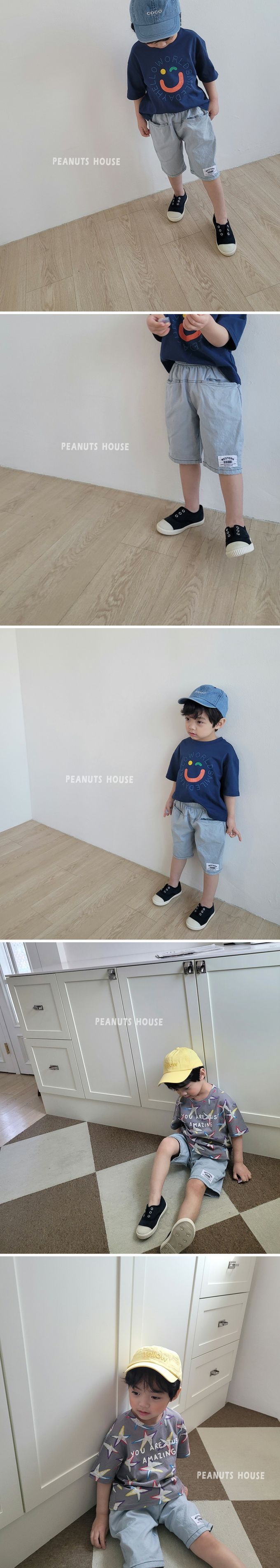 韓國 Peanuts House - 鬆緊腰百搭七分褲-淺藍