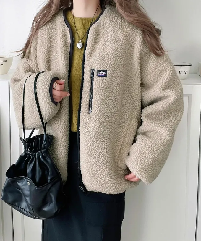 日本 Classical Elf - 2WAY泰迪熊短絨飛行外套-沙杏x黑