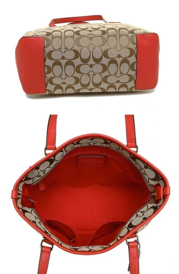 COACH - 滿版LOGO織布托特包 (卡其紅)