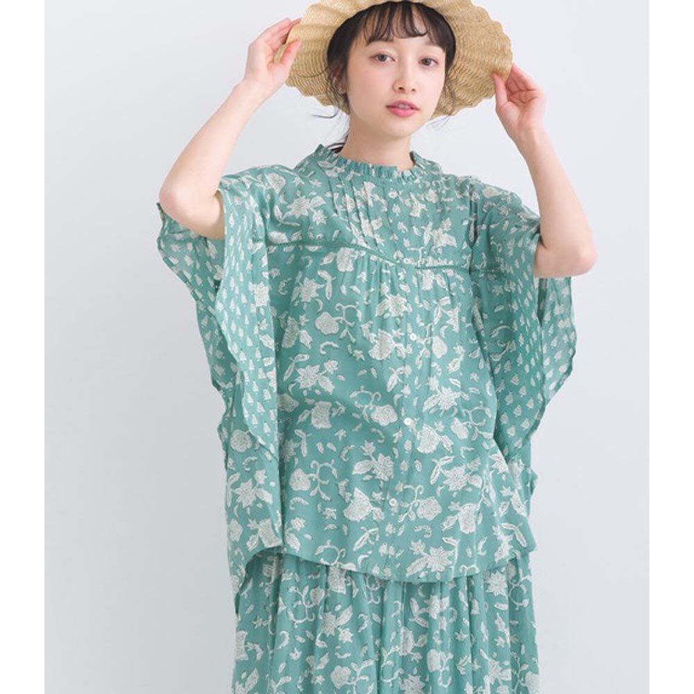 日本 Lupilien - 文藝風印花荷葉短袖上衣-湖水綠