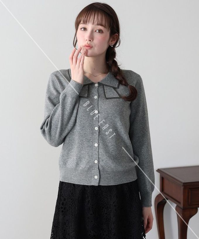 日本 BLUE EAST - 甜美蝴蝶結勾邊領針織上衣開襟衫-灰 (M)