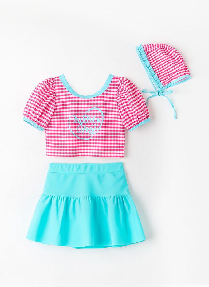 韓國 OZKIZ - 網格愛心印兒童泳裝/泳帽Set-桃粉X水藍