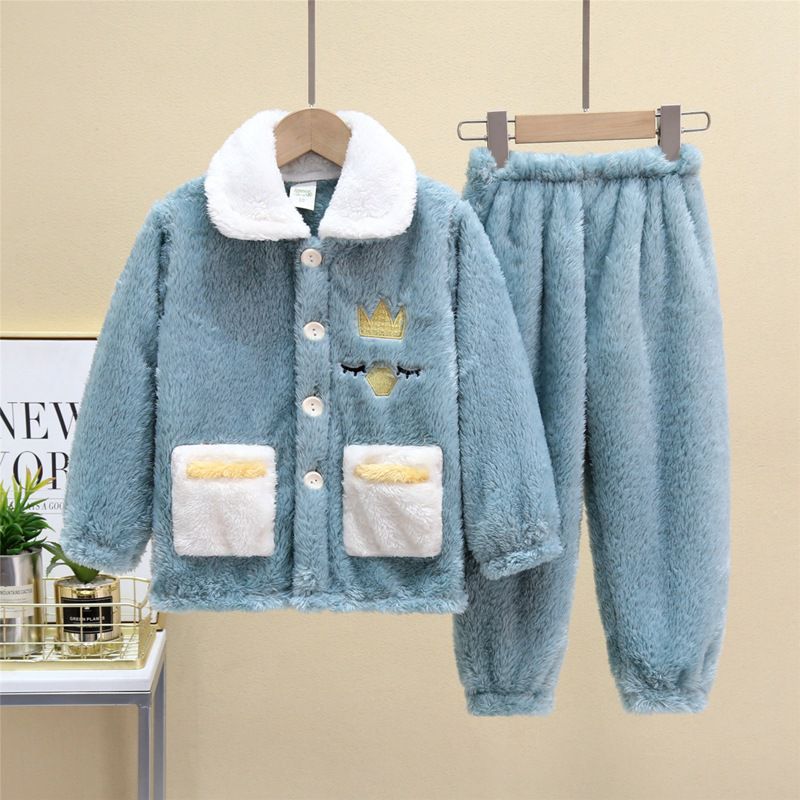 法蘭絨兒童長袖睡衣-皇冠企鵝-灰藍色