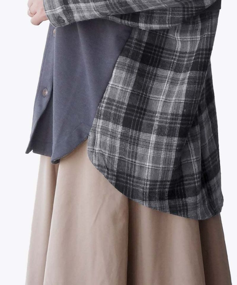 日本 zootie - 寬版拼接格子撞色開襟衫-葡萄紫