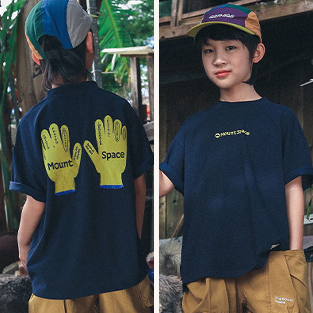 休閒圓領短袖上衣-手套印花-藏青